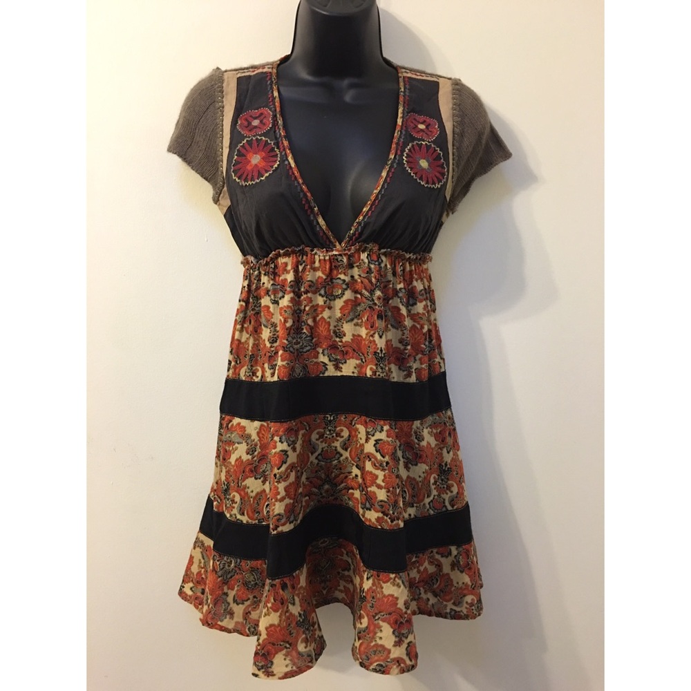 Free People Floral Boho Empire Waist Dress in Olive, Rust, Black